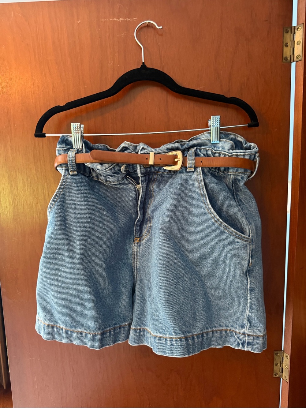 Zara Light Blue Paperbag Denim Shorts with Tan Belt